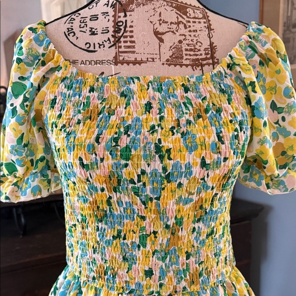 Kirundo Blue and Yellow Floral Print Smocked Puff Sleeve Off Shoulder Dress - Picture 3 of 14